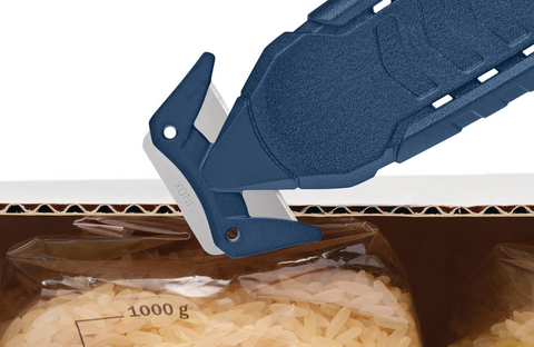 El cuchillo de seguridad se puede usar sin una hoja con punta afilada. Por eso la hoja está protegida con seguridad, de forma que no entra en contacto con la mercancía embalada al abrir embalajes.